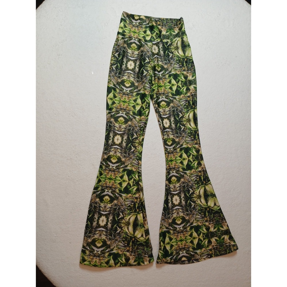 Warrior Within Designs Jamminon Ganja Macro Print Bell Bottom Stretch Pant Sz XS